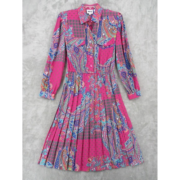 Vintage Leslie Fay Dress 10 Maxi Pleated Paisley Bohemian Modest Preppy Pockets - Picture 1 of 12